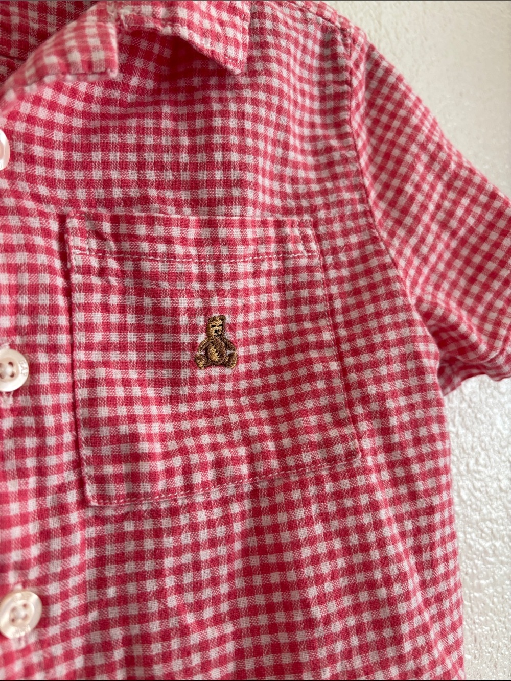 Baby Gap Cotton Linen Salmon & White Gingham Short Sleeve Button Down Shirt - Picture 2 of 7